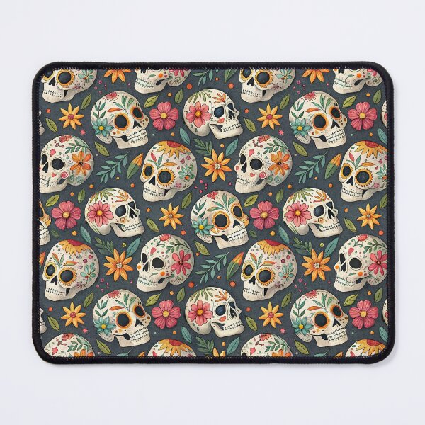Item preview, Repeating Pattern of White Catrina Skulls with Colorful Flowers on a Dark Gray Background for Textiles and Creative Projects designed and sold by Pattique.