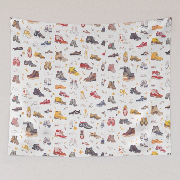 Item preview, A colorful and playful seamless pattern featuring a wide variety of hand-drawn shoes and sneakers on a light background designed and sold by Royalsticker.