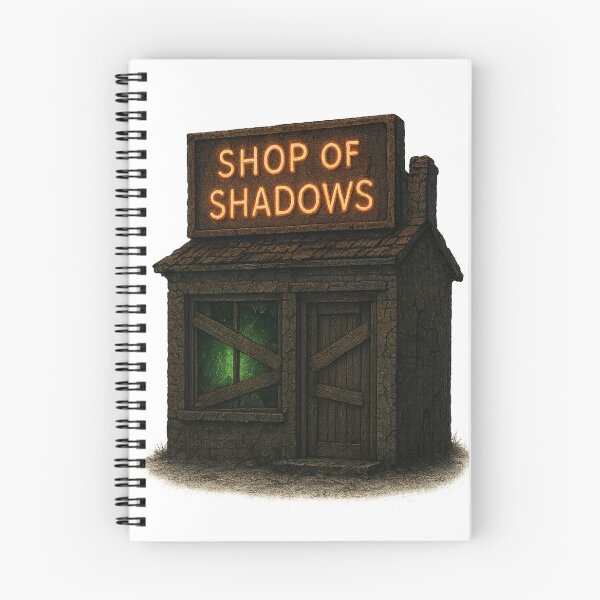Item preview, Rustic Building with Neon Sign Reading Shop of Shadows designed and sold by Creative88Art.
