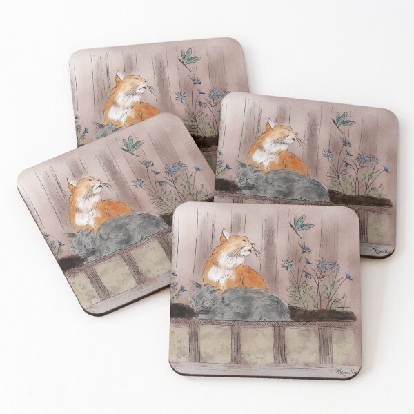 Item preview, Kitties in flowerbed - orange and grey (gray) cats sun themselves among blue flowers and a dragonfly designed and sold by Deromilly.