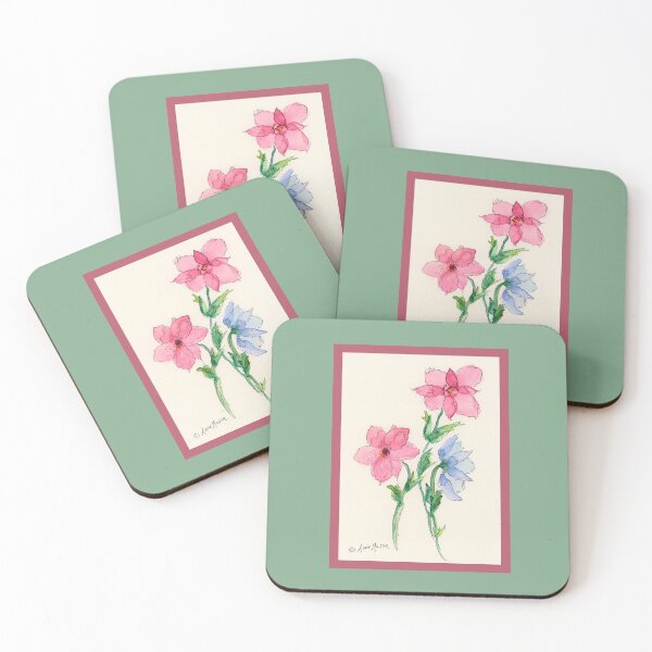 Item preview, Ruby and Blue Blooms - watercolor and pen designed and sold by Annie Mason Art.