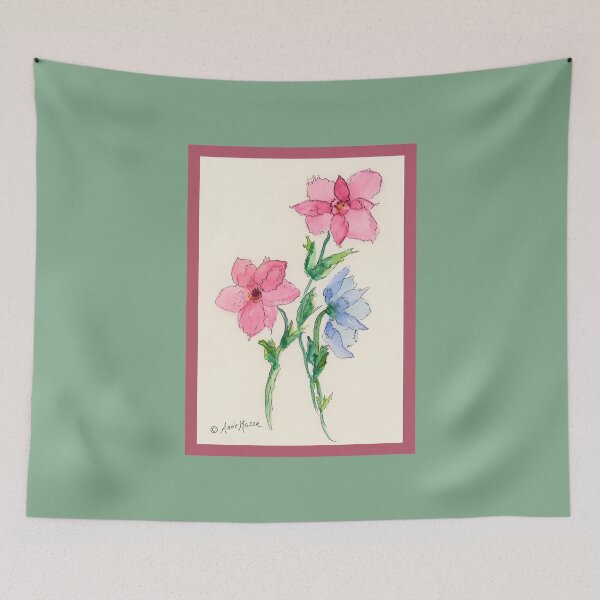 Item preview, Ruby and Blue Blooms - watercolor and pen designed and sold by Annie Mason Art.