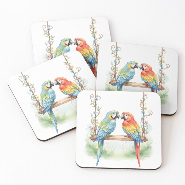 Item preview, Watercolor Parrots on Swing Clipart – Whimsical Colorful Birds with Rope and Flowers, Romantic Garden Illustration, High Resolution PNG designed and sold by ATLANTICSHOOP.