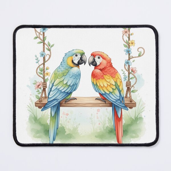Item preview, Watercolor Parrots on Swing Clipart – Whimsical Colorful Birds with Rope and Flowers, Romantic Garden Illustration, High Resolution PNG designed and sold by ATLANTICSHOOP.