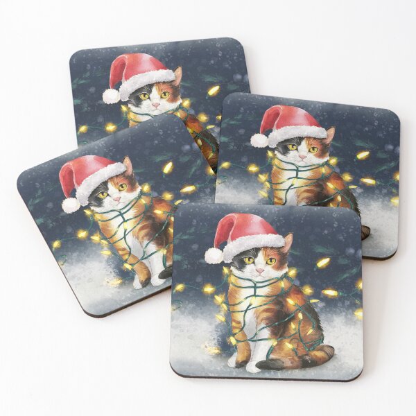 Artikelvorschau, Weihnachts-Kalikokatze mit Weihnachtsmütze und Lichtern entworfen und verkauft von theartfulaspie.