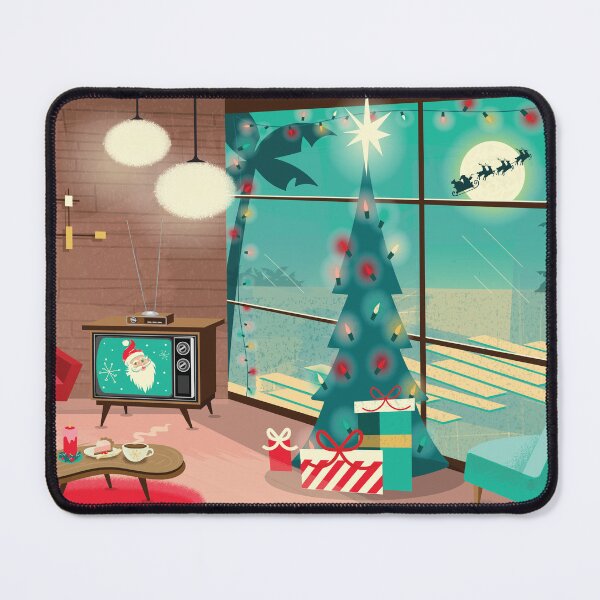 Item preview, Christmas greeting Mid Century style home Retro Living room with Christmas Tree television and furniture designed and sold by Jdawnink.