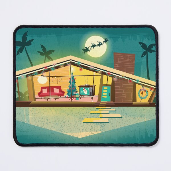 Item preview, Christmas greeting Mid Century style home Retro Living room with Christmas Tree television and furniture designed and sold by Jdawnink.