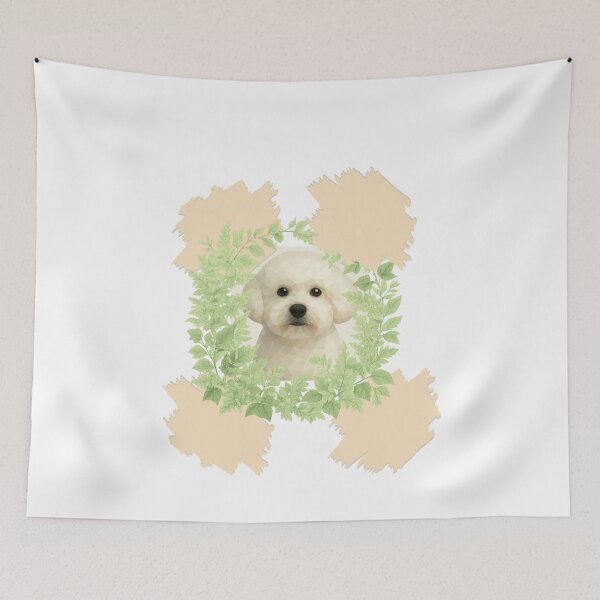 Item preview, “Geometric Bichon Frise with Botanical Wreath – Beige Background” designed and sold by GeoWild Designs.