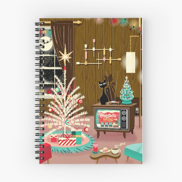 Item preview, Christmas greeting Mid Century style Retro Living room with Christmas Tree television and kitty cat designed and sold by Jdawnink.