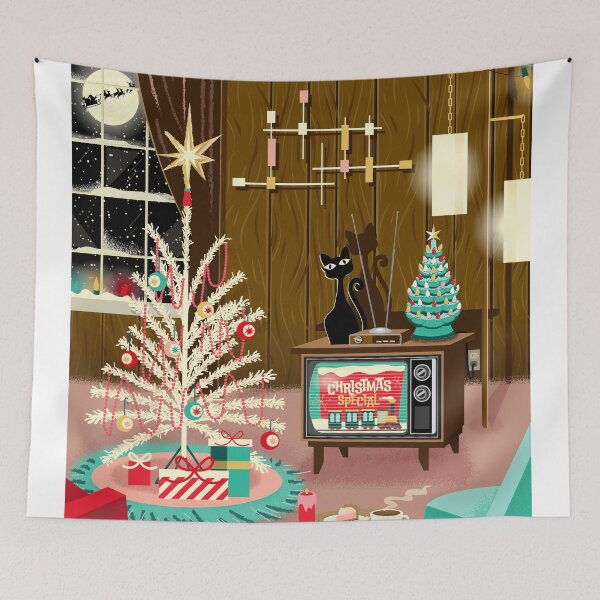 Item preview, Christmas greeting Mid Century style Retro Living room with Christmas Tree television and kitty cat designed and sold by Jdawnink.
