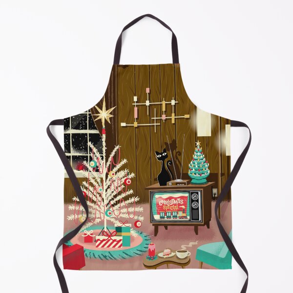 Item preview, Christmas greeting Mid Century style Retro Living room with Christmas Tree television and kitty cat designed and sold by Jdawnink.