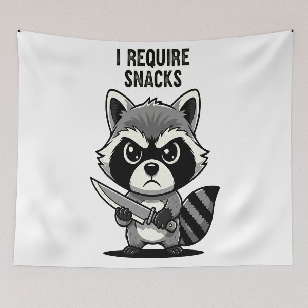 Item preview, Grumpy Raccoon with Knife "I Require Snacks" Design designed and sold by MiraDesignCo.