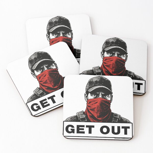 Item preview, GET OUT Protest Image – Stencil Street Art Design with Red Bandana Mask designed and sold by Occupy Threads.