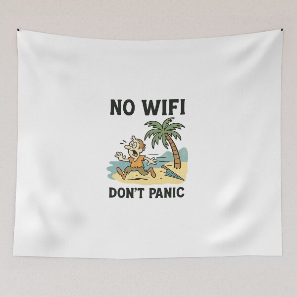 Item preview, No WiFi, Don’t Panic – Retro Castaway Cartoon Tee designed and sold by MapHappens.