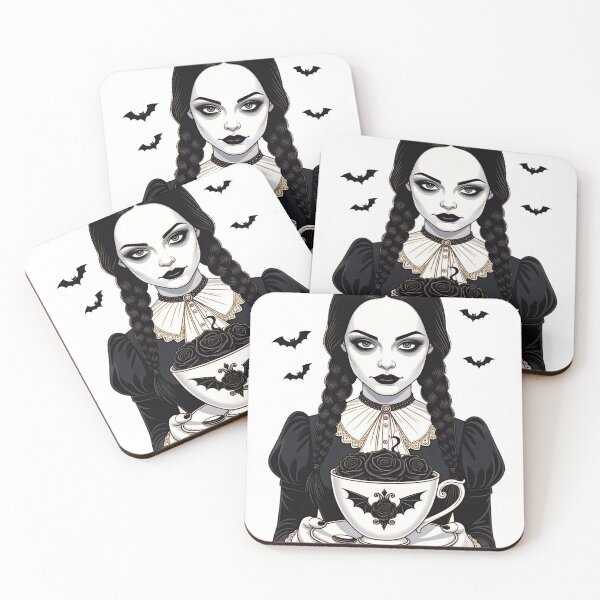 Item preview, Wednesday in gothic attire holding a cup with bat and rose design in a dark, whimsical setting during a spooky gathering designed and sold by SpaceartLilu.
