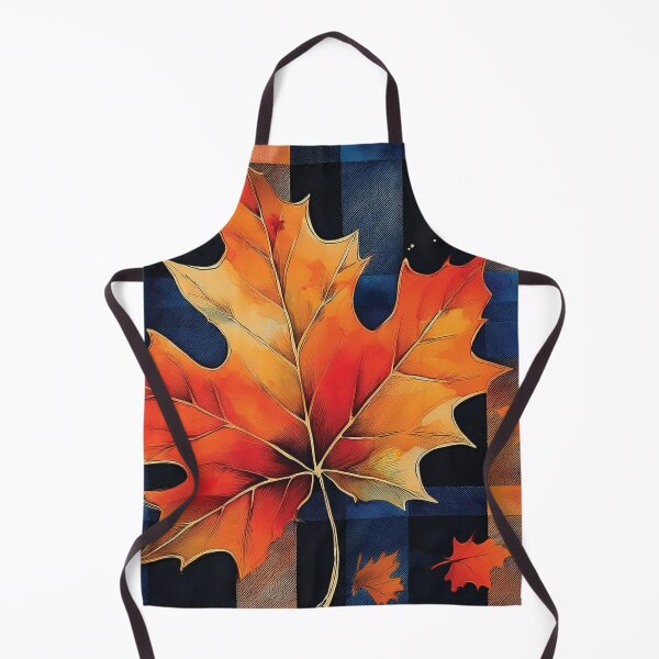 Item preview, Fall season minimalist maple leaves, plaid pattern, checkered tablecloth,complementary orange and navy blue maple leaf watercolour painting, vintage autumn theme leaf designed and sold by navitalidesign.