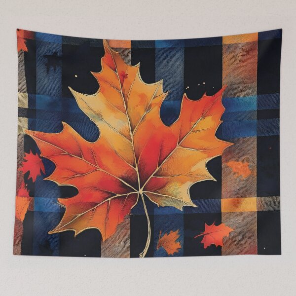 Item preview, Fall season minimalist maple leaves, plaid pattern, checkered tablecloth,complementary orange and navy blue maple leaf watercolour painting, vintage autumn theme leaf designed and sold by navitalidesign.