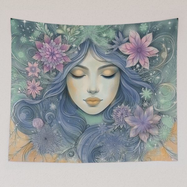 Item preview, Winter Goddess Illustration with Snowflakes and Frozen Flowers Fine Line Art Boho Style designed and sold by  Ojo de Lilith.
