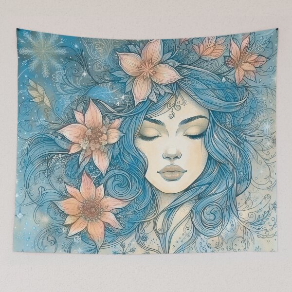 Item preview, Winter Goddess Illustration with Snowflakes and Frozen Flowers Fine Line Art Boho Style designed and sold by  Ojo de Lilith.