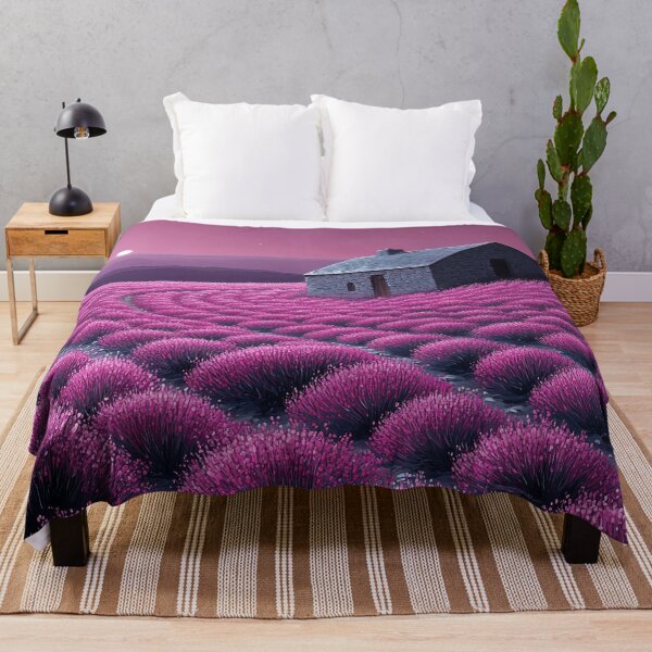 Item preview, Cabaña en un campo de lavanda bajo la luz de la luna: arte paisajístico morado de ensueño designed and sold by PaintbrushPlace.