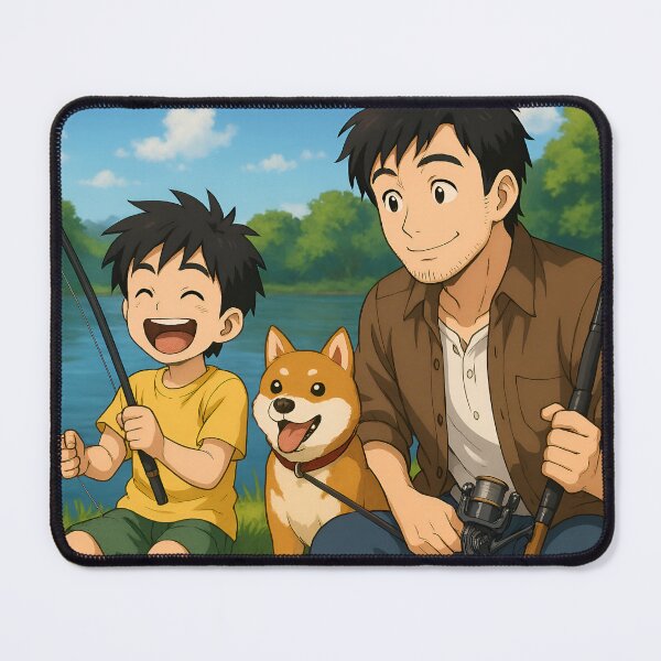 Item preview, Gone Fishing – Anime Father, Son & Pup by the Lake designed and sold by Twittlefish.