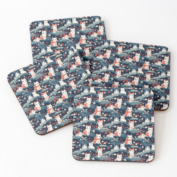 Item preview, A serene and sweet Japanese landscape pattern featuring multicolored cats relaxing within a tranquil field of red and white flowers and gentle blue hills. designed and sold by ArtifactVault.