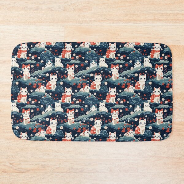 Item preview, A serene and sweet Japanese landscape pattern featuring multicolored cats relaxing within a tranquil field of red and white flowers and gentle blue hills. designed and sold by ArtifactVault.