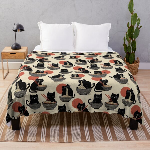 Item preview, A whimsical and delightful hand-drawn style pattern of adorable black cats eating bowls of delicious ramen noodles with a large red sun in the background. designed and sold by ArtifactVault.