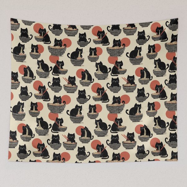 Item preview, A whimsical and delightful hand-drawn style pattern of adorable black cats eating bowls of delicious ramen noodles with a large red sun in the background. designed and sold by ArtifactVault.