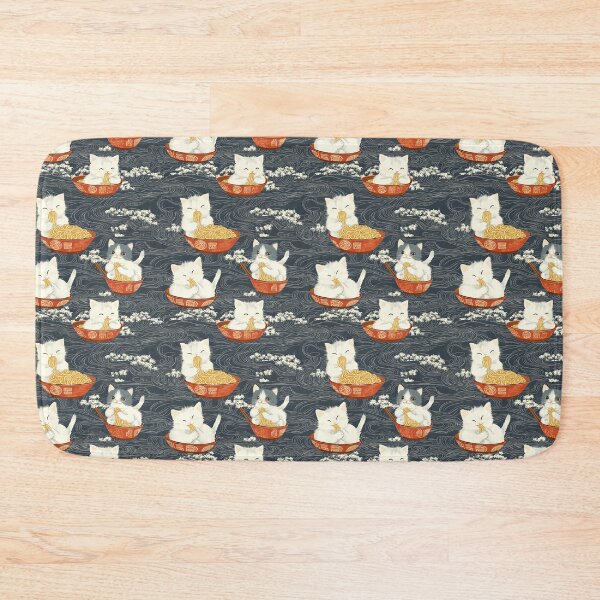 Item preview, An adorable and cute pattern of baby cats happily eating steaming ramen noodles from traditional red and white bowls with beautiful white floral elements surrounding them. designed and sold by ArtifactVault.