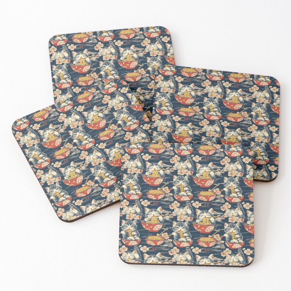 Item preview, A charming and detailed illustration of happy kittens in red ramen bowls eating their noodles with chopsticks among beautiful pink cherry blossoms on a dark background. designed and sold by ArtifactVault.