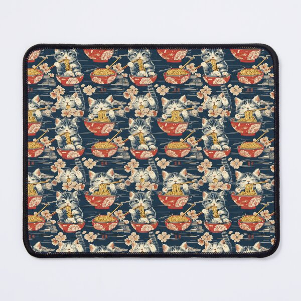 Item preview, A charming and detailed illustration of happy kittens in red ramen bowls eating their noodles with chopsticks among beautiful pink cherry blossoms on a dark background. designed and sold by ArtifactVault.