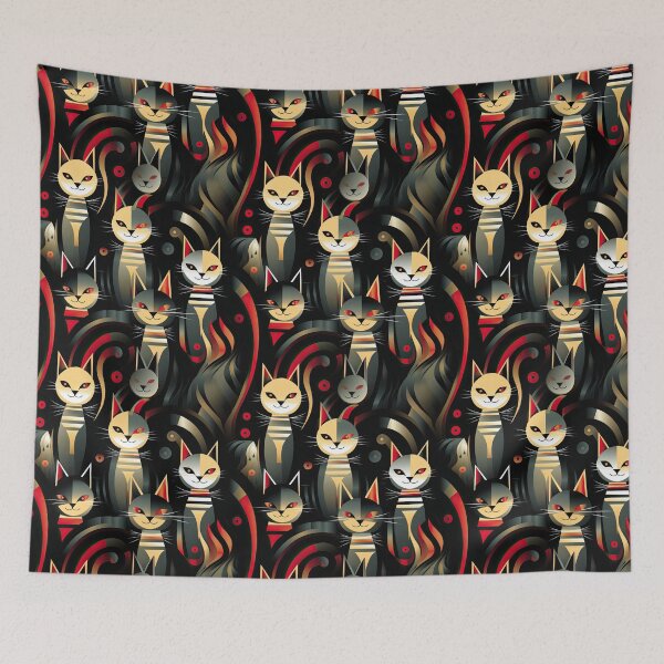 Item preview, A bold and striking Art Deco pattern showcasing stylized feline portraits with sharp, gold lines and geometric shapes set against a dark, dramatic background. designed and sold by ArtifactVault.