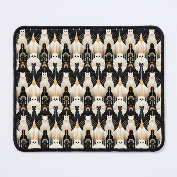 Artikelvorschau, Ein elegantes und künstlerisches Muster im Art-Deco-Stil mit stromlinienförmigen weißen Katzen vor einem markanten geometrischen Hintergrund aus goldenen und schwarzen Linien und Formen. entworfen und verkauft von ArtifactVault.
