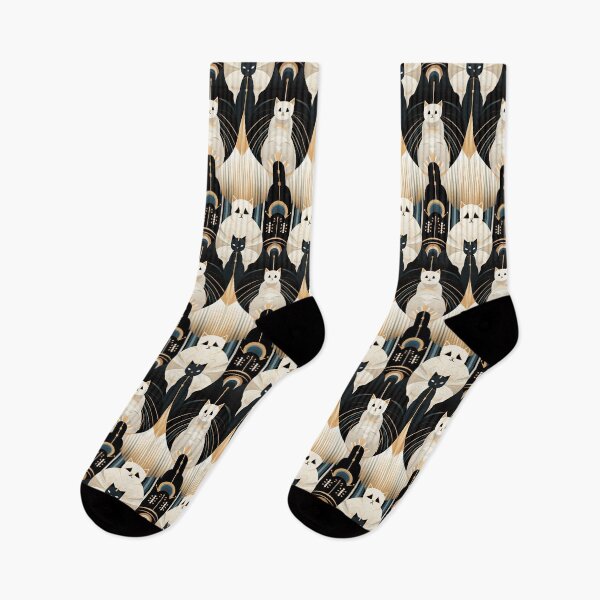 Item preview, An elegant and artistic Art Deco-style pattern featuring streamlined white cats with a striking geometric backdrop of golden and black lines and shapes. designed and sold by ArtifactVault.