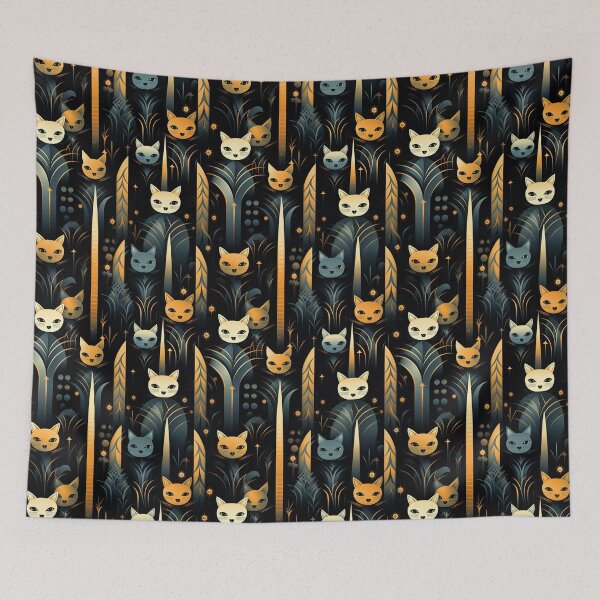 Item preview, A sleek and stylish Art Deco-inspired pattern depicting a serene nocturnal landscape with streamlined cat silhouettes and radiating golden light among abstract plants. designed and sold by ArtifactVault.