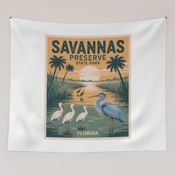Item preview, Savannas Preserve State Park Florida – Retro Wildlife Art with Herons & Ibises in Retro Vintage Style designed and sold by pod24.