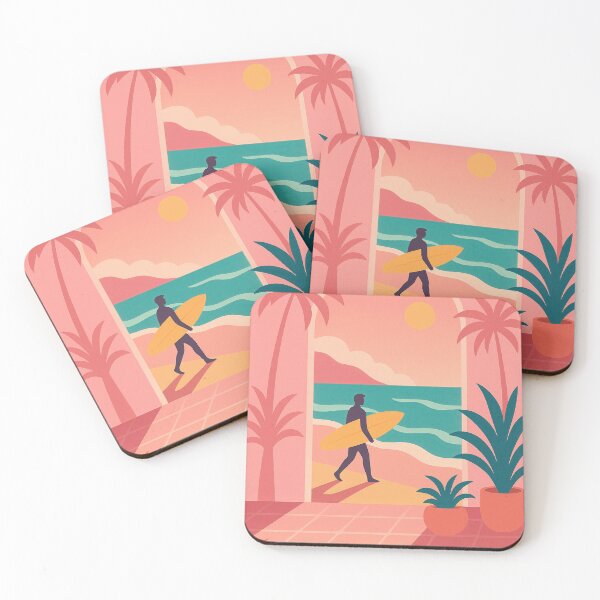 Artikelvorschau, Retro Surf Poster - Surfer und bunter Strand bei Sonnenuntergang entworfen und verkauft von Pink & California.