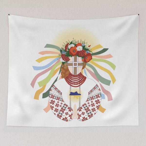 Item preview, Motanka Doll prays for Ukraine wearing an embroidered dress and a wreath of wild flowers. Traditional Ukrainian amulet	 designed and sold by KosaUA.