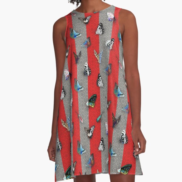 Butterflies on red grey stripes A-Line Dress