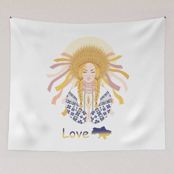 Item preview, A Ukrainian woman prays wearing an embroidered dress and a wheat wreath	 designed and sold by KosaUA.