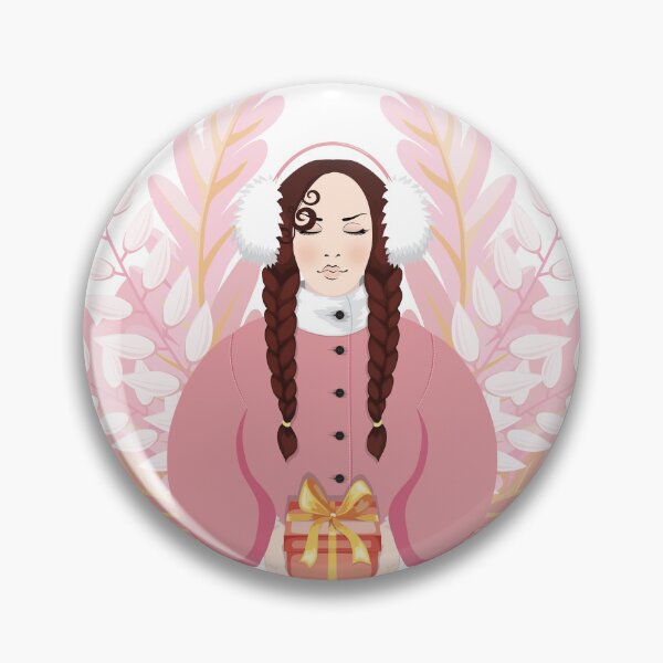 Item preview, Generous brunette Woman with Braided Pigtails in pink coat with white warm headphones gives away a present, surrounded by pink plants on pink background designed and sold by KosaUA.