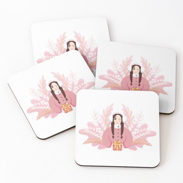 Item preview, Generous brunette Woman with Braided Pigtails in pink coat with white warm headphones gives away a present, surrounded by pink plants on pink background designed and sold by KosaUA.