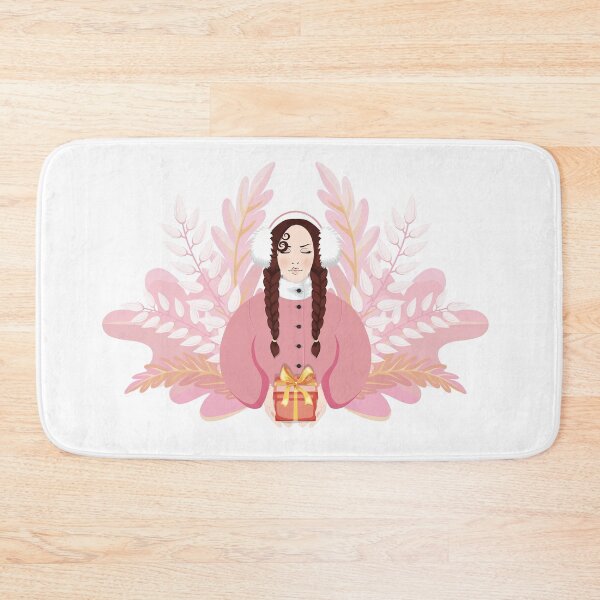 Item preview, Generous brunette Woman with Braided Pigtails in pink coat with white warm headphones gives away a present, surrounded by pink plants on pink background designed and sold by KosaUA.