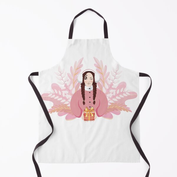 Item preview, Generous brunette Woman with Braided Pigtails in pink coat with white warm headphones gives away a present, surrounded by pink plants on pink background designed and sold by KosaUA.