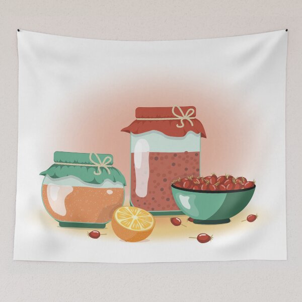 Item preview, Vector illustration with red Berries, Sliced Orange, plate with Rose Hips, glass jars with honey and berry jam designed and sold by KosaUA.