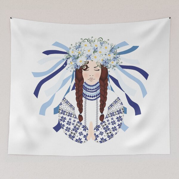 Item preview, Woman prays in an embroidered costume and a wreath of wildflowers, daisies, cornflowers and herbs	 designed and sold by KosaUA.