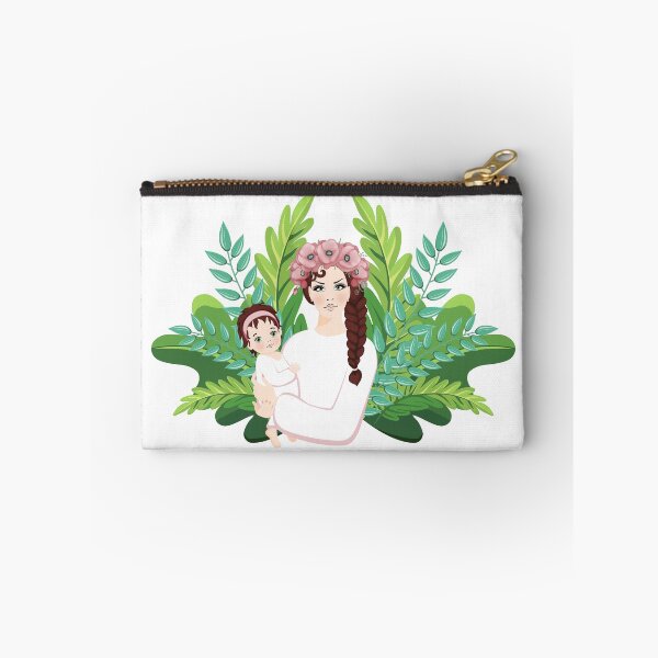 Item preview, Beautiful Woman holds baby girl in her arms, woman and child dressed in white simple clothes and a wreath with pink poppies on a background of green plants, vector (EPS) illustration designed and sold by KosaUA.