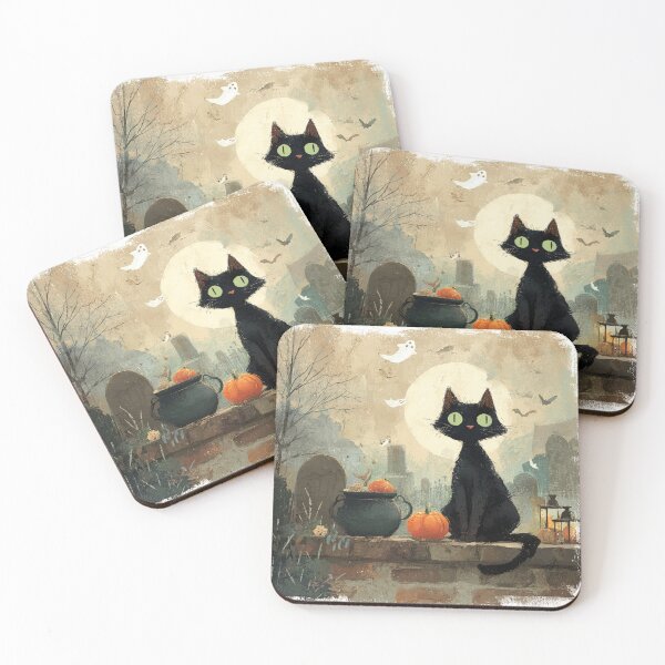 Item preview, Black Cat Autumn Haloween Ghosts Bats Scene Illustration designed and sold by GrinGalore.
