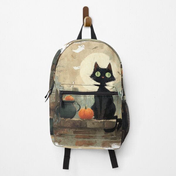 Item preview, Black Cat Autumn Haloween Ghosts Bats Scene Illustration designed and sold by GrinGalore.